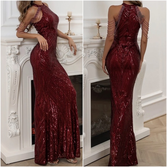 Luxe Sequin Halter Evening Party Wedding Bodycon Gown Dress - Picture 5 of 9